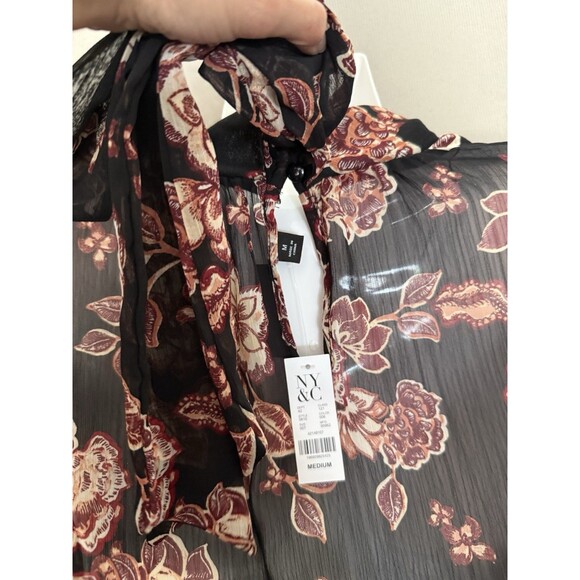 NY&Co Sheer Floral Blouse Medium Front Back Tie Neck  Fall Tones Ruched Sleeves - Picture 14 of 15